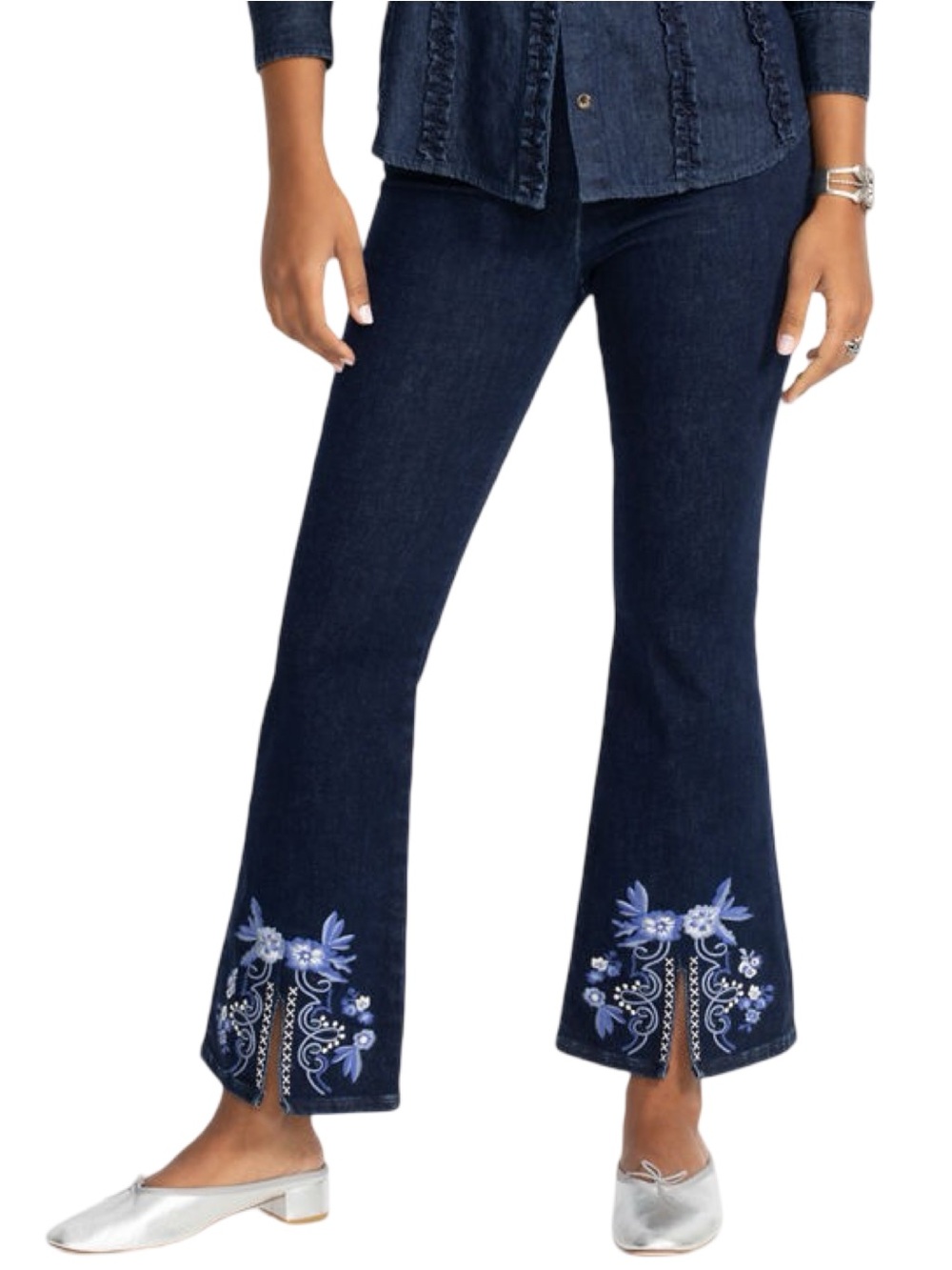 Johnny Was Women’s Size S Dark Blue The Split Pull On Floral Hem Flare Jeans